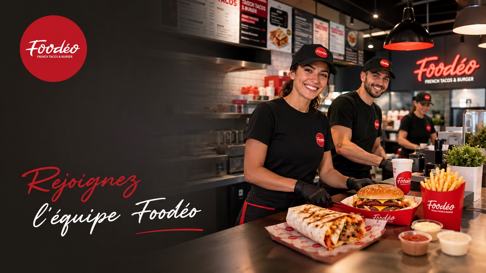 Équipe Foodéo en cuisine avec burgers, tacos, frites et logo Foodéo