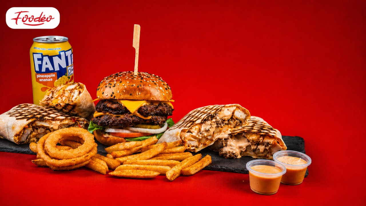 Repas fast-food Foodéo avec burger, tacos, frites et sauces