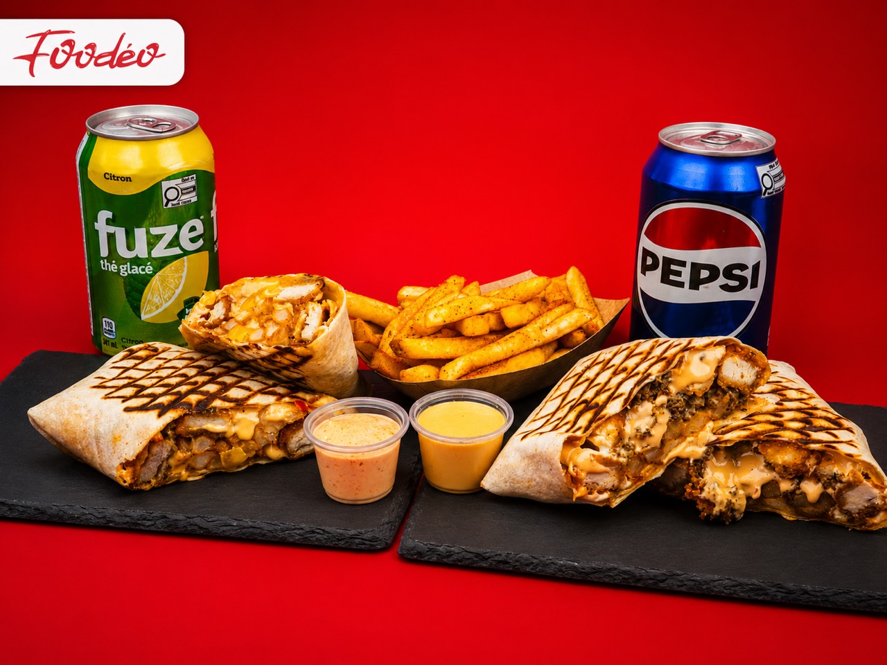 Sauces Foodéo avec tacos, frites et boissons