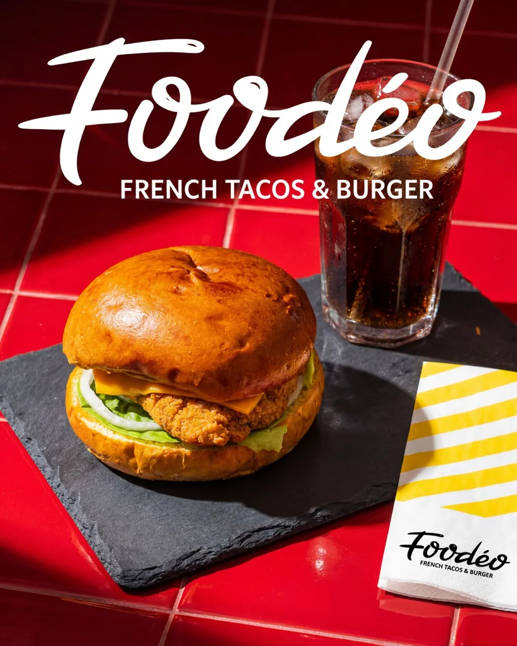 Burger croustillant Foodéo avec boisson et serviette Foodéo