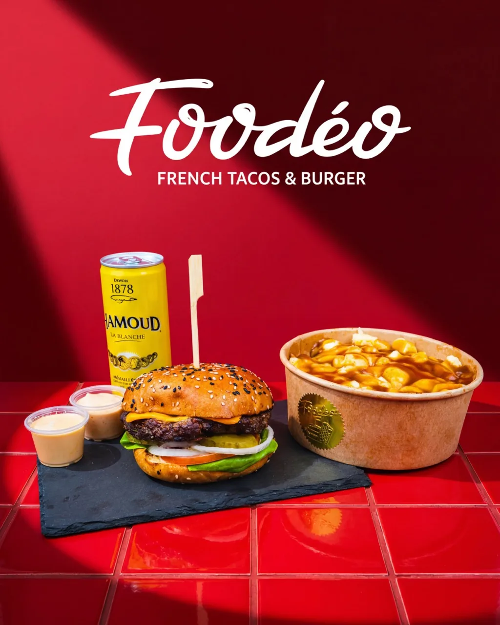 Burger Foodéo avec poutine, sauces et boisson Hamoud