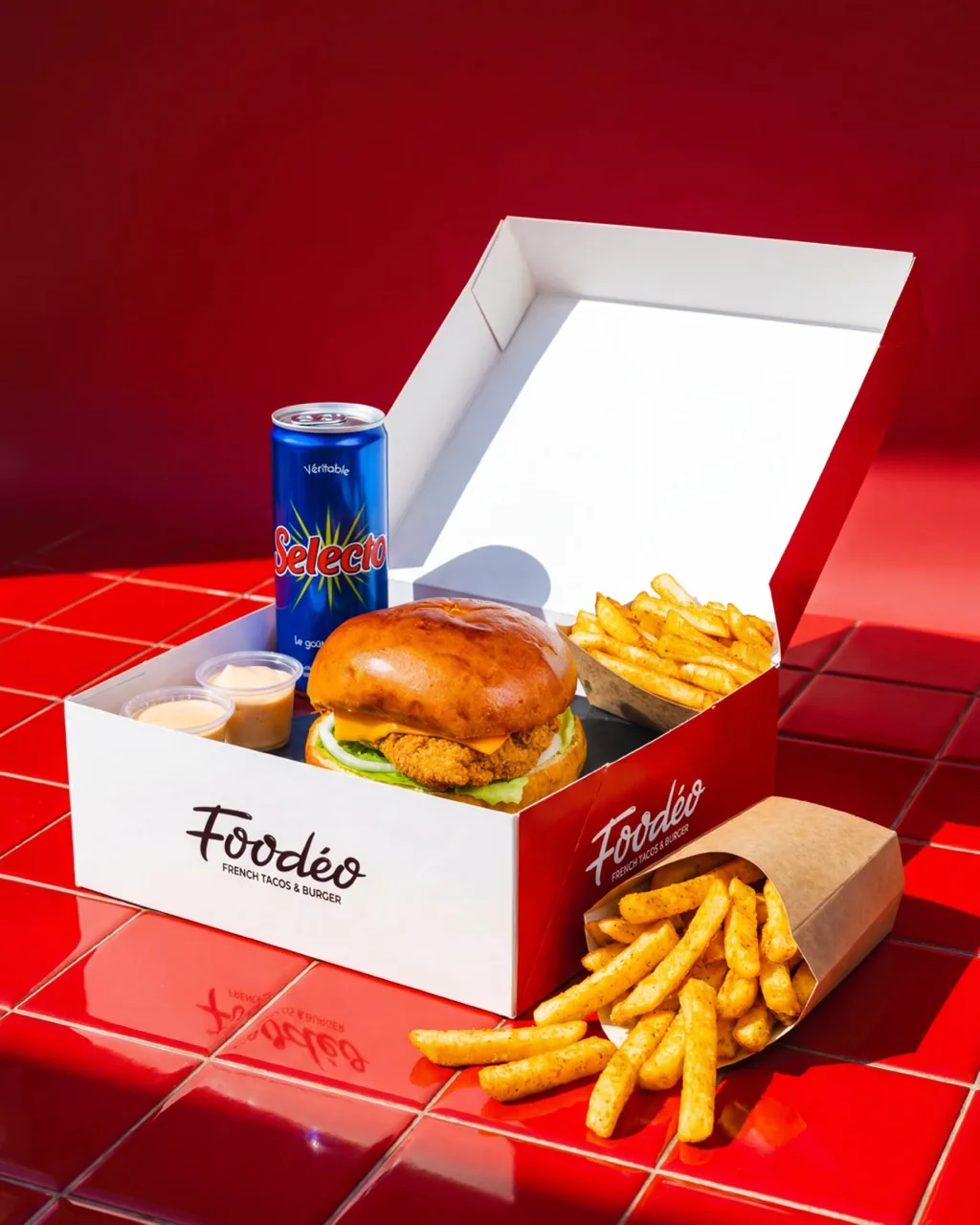Boîte Foodéo avec burger croustillant, frites, sauces et Selecto