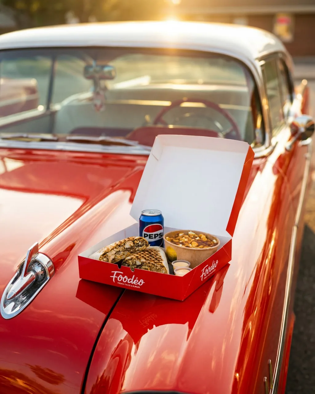 Boîte Foodéo avec tacos, poutine et boisson sur voiture rouge