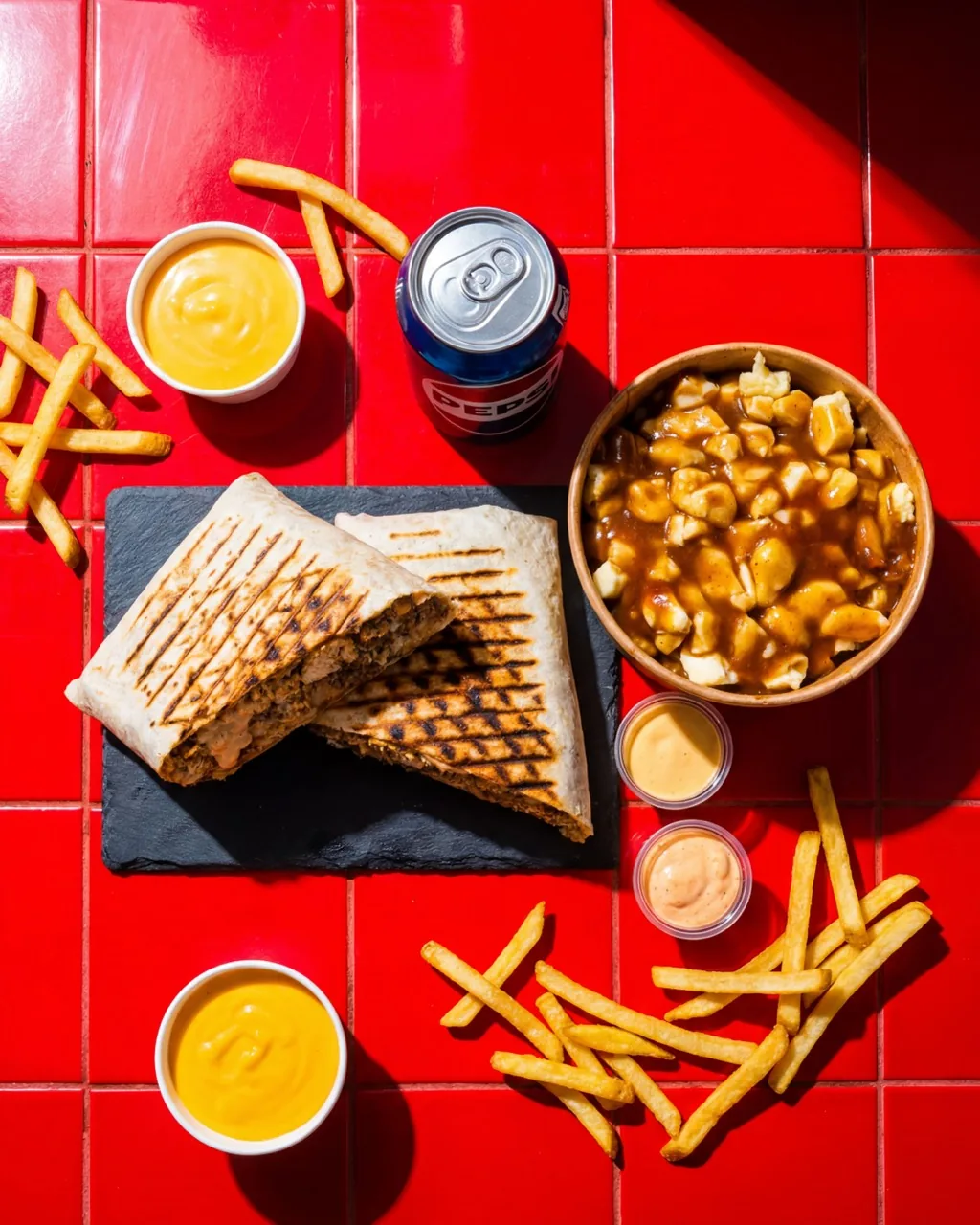 Tacos Foodéo avec poutine, frites, sauces et boisson